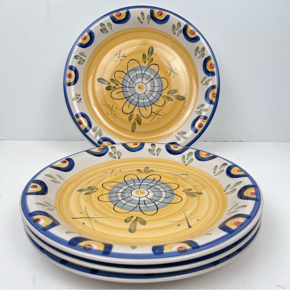 (4) Philippe Richard Dinner Plates 10.5 in Talavera Hand-Painted Yellow Blue